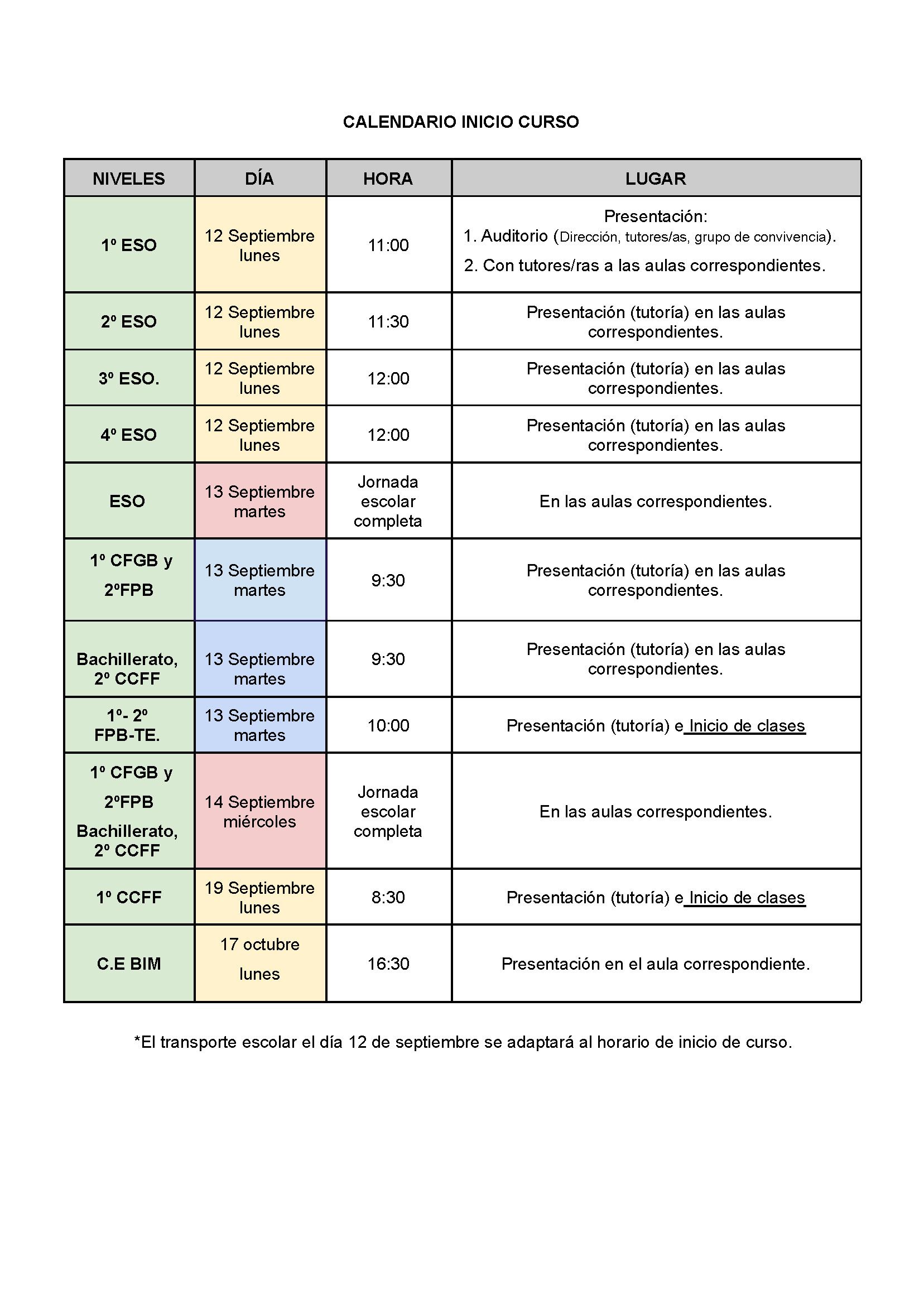 HORARIO INICO DE CURSO 2022 2023