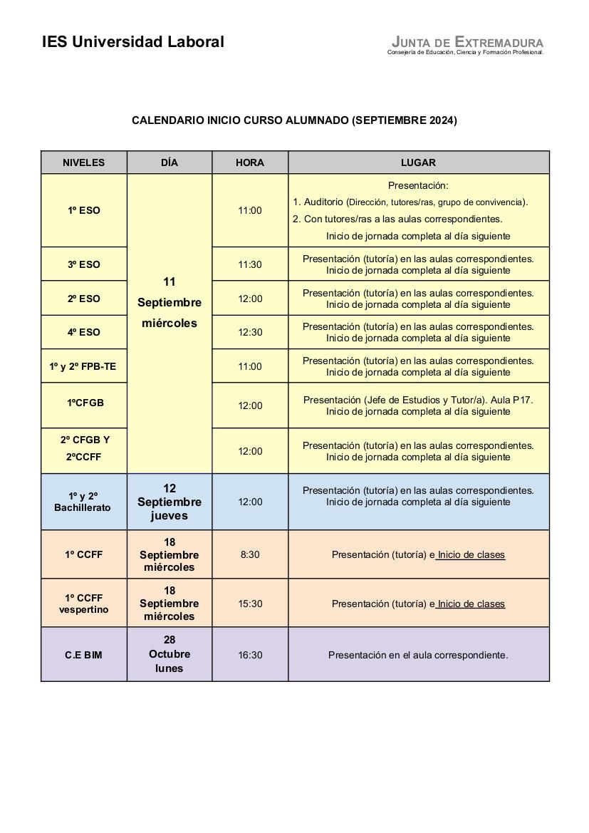 CALENDARIO INICIO CURSO ALUMNADO 24 25